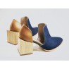 Alfonsina zapatos hechos a mano de cuero azul graso ranger caramelo detalles verde beige taco madera natural 7 cm